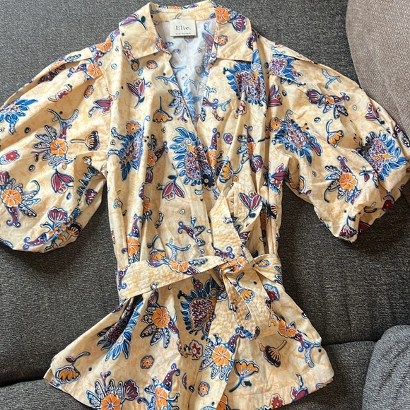 Elie Tahari Giraffe Multicolor Puff Sleeve Tie Waist Blouses Size L - Picture 2 of 13
